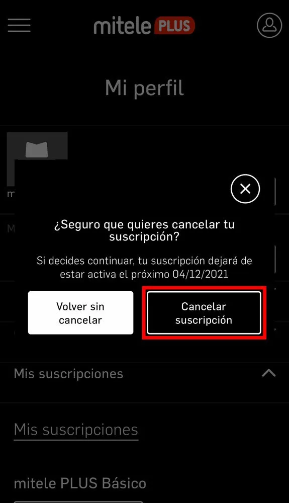 Cómo dar de baja miTele Plus, paso 5