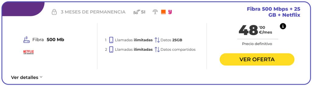 ejemplo de cómo muestra el comparador de Tarifas De las tarifas con Netflix incluido