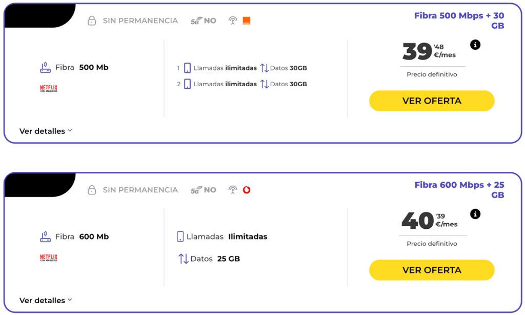 ejemplo de cómo se ve en Tarifas De una tarifa con Netflix incluido